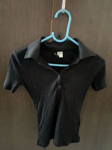 Black Ribbed Polo Top