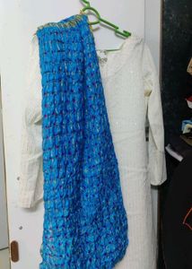 Elegant White Embellished Kurta with blue colour d