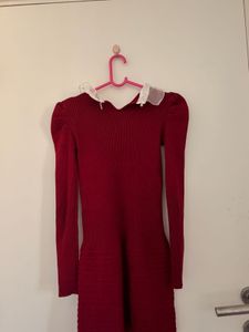 maroon Knit Dress with Lace Collar