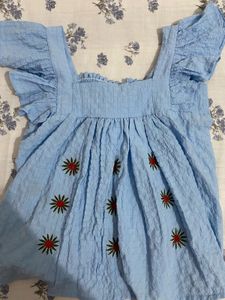 Blue Textured Top with Floral Embroidery