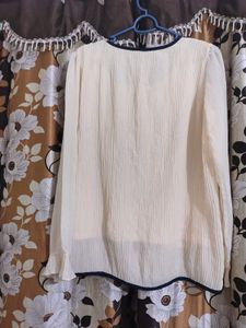 Cream Pleated Blouse with Navy Trim