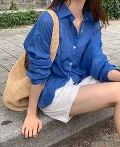 Korean Pintrest Blue Linen Button-Up Shirt