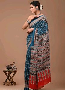 Beautiful Blue Block Print Saree - Pure Cotton