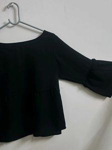 Black Flowy Long Sleeve Top with Flared Slee
