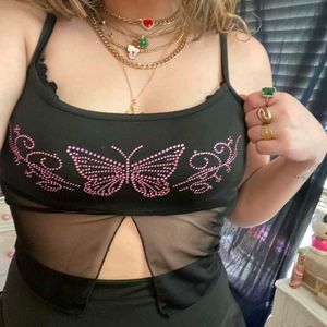 Black Butterfly Rhinestone Mesh Top