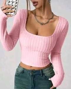 Pink Ribbed Square Neck Crop Top