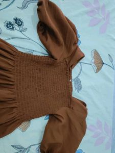 Brown Puff Sleeve Smocked Dress