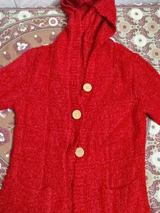 Red hooded cardigan