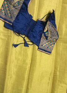 Gold Saree with Navy Blue embroidery Blouse