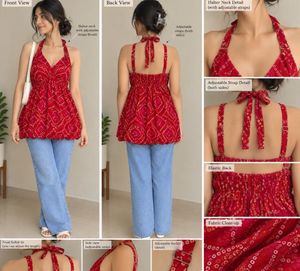Red Bandhani Print Halter Neck Tunic Top