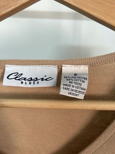 Tan V-Neck Long Sleeve Top with Drawstring