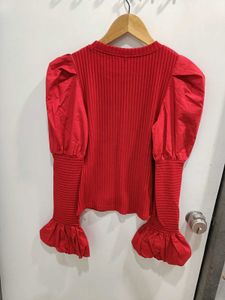 *New arrival*Red Puff Sleeve Ribbed Top