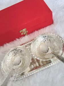 🆕 German Silver Plate &amp; Bowl Set with Spoon❣️