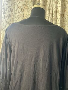 A.N.A Black Cotton Top with Embroidered Sleeves