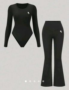 Black Long Sleeve Bodysuit &amp; Flare Pants Set