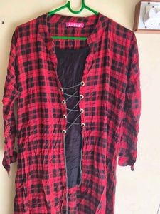 Red & Black Plaid Lace-Up Top