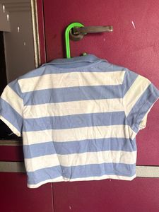 Blue &amp; White Striped Crop Polo Top