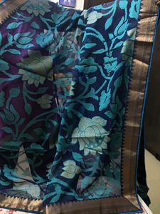 Elegant Blue Floral Saree with rose gold border