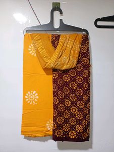 Yellow & brown batik print rayon dress material
