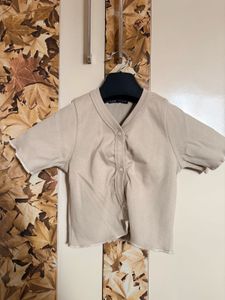 Beige Cropped Button-Up Top