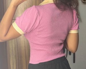 Cute Pink Daisy Knit Polo Top
