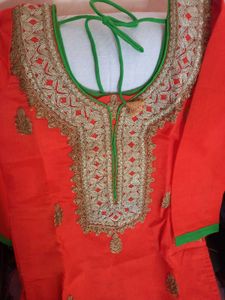Orange Kurta Set with Green Pants &amp; Dupatta