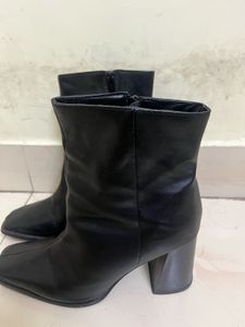 Black Faux Leather Square Toe Boots