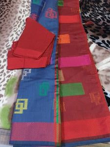 Blue &amp; Red Saree with Blouse Piece