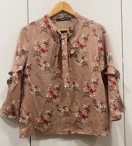 Madame Women Brown Floral Print Tie-Up Neck Top