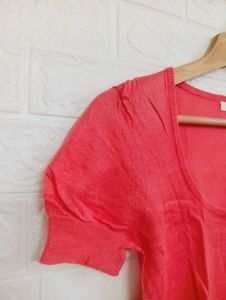 Coral T-Shirt with Puff Sleeves
