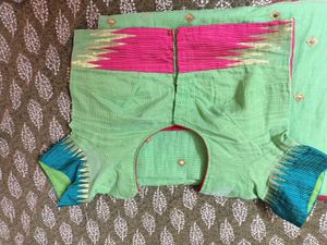 Light Green Saree with Pink &amp; Blue Blouse