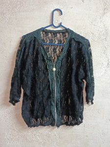 Oversized Lace Zipper Crop Top Sheer