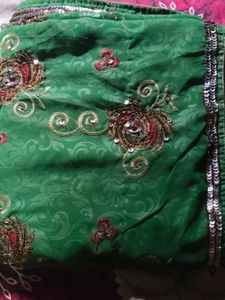Elegant Emerald Green Embroidered Saree