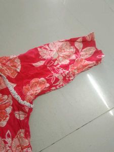 Red Floral Kurta with Embellished Neckline