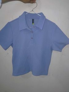 Light Blue Ribbed Polo Crop Top