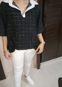 Women Black Shirt Pleated Check Top