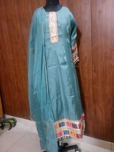 Teal Kurta Set with Embellished Neckline
