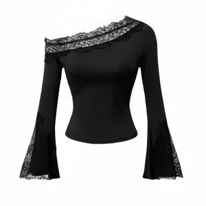 SAVANA Black Lace Trim One-Shoulder Top