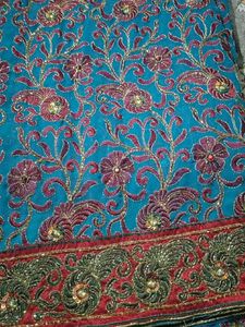 Beautiful Teal Embroidered Silk Saree