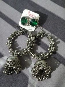 combo offer Elegant Silver Jhumkas / Emerald Ear