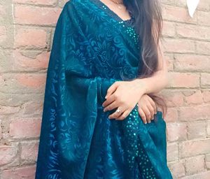 Teal Blue Saree with Embellished Border