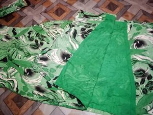 Green Floral Print Kurta with Black Velvet Necklin