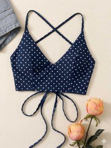 Navy Polka Dot Backless Crop Top