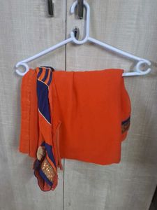 Vibrant Orange Saree with Blue Border