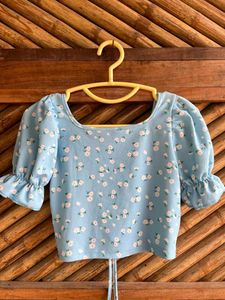 Blue Floral Print Tie-Front Bikini Top
