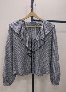 Gingham Ruffle V-Neck Top