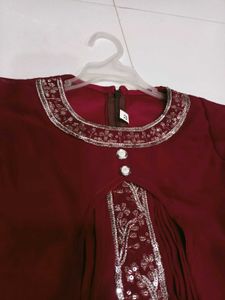 Girls' Maroon Embroidered Kurta Set