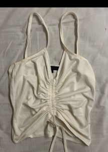 White Ruched Drawstring Crop Top