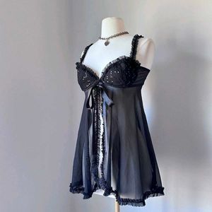 Victoria Black Ruffle Sequin Corset Night Suit Hot
