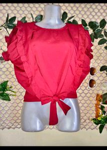 Chic Red Puff Sleeve Tie-Front Top